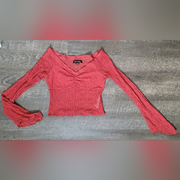 Silence + Noise Urban Outfitters Y2K Sheer Cropp Long Sleeve Top Womens S Red La - Picture 5 of 11